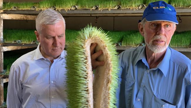 Michael McCormack, left, and farmer Phil Blowes near Yeoval in central west NSW. Picture: Clare Armstrong