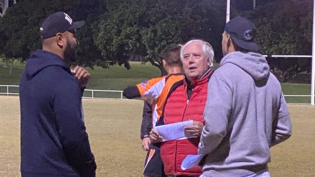 Israel Folau and Clive Palmer at Southport Tigers training. Picture: Nic Darveniza.