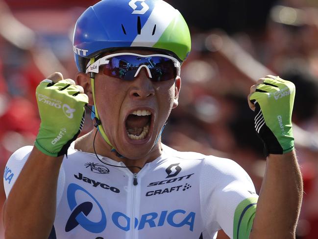 Orica-GreenEdge's Australian cyclist Caleb Ewan celebrates winning the fifth stage of the 2015 Vuelta Espana cycling tour, a 167.3km stage between Rota and Alcala de Guadaira on August 26, 2015. AFP PHOTO/JOSE JORDAN