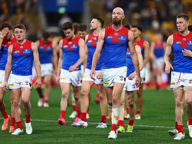 Max Gawn leads the Demons off the Gabba. Picture: Chris Hyde/AFL Photos