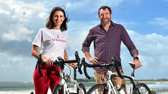 Toowoomba to Mooloolaba charity bike ride Event Director Rachael Witton and Race Founder Dave Fellows at Mooloolaba Beach. Picture: John McCutcheon