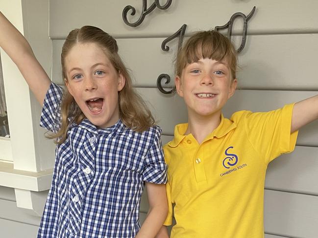 Twin sisters Abbie and Heidi Rhodes, now in grade 3, were put in separate classrooms from grade prep. Picture: Supplied