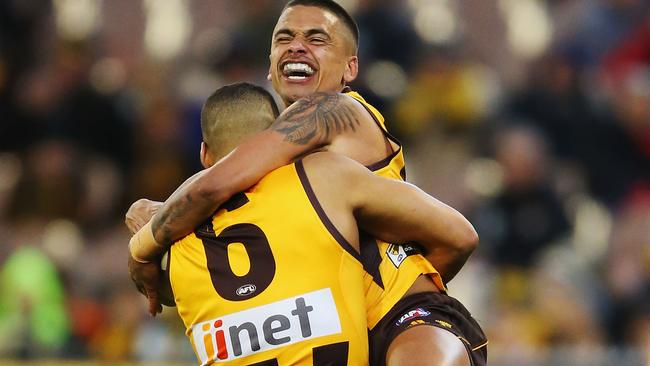 Brad Hill celebrates a goal with Josh Gibson.