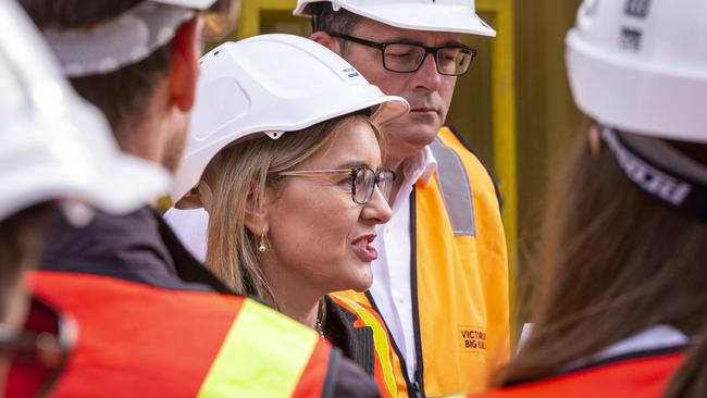 Minister for Transport Infrastructure Jacinta Allen speaks to media at a press conference at the entry point for the West Gate Tunnel boring machine in Footscray, Melbourne, Wednesday, February 20, 2019. (AAP Image/Daniel Pockett) NO ARCHIVING