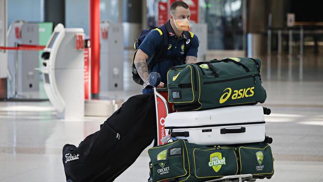 Matthew Wade at Qantas Departure Terminal on the 23rd of August. The Australian men’s cricket team was the first international team to leave as they depart for the UK. PICTURE: Adam Yip