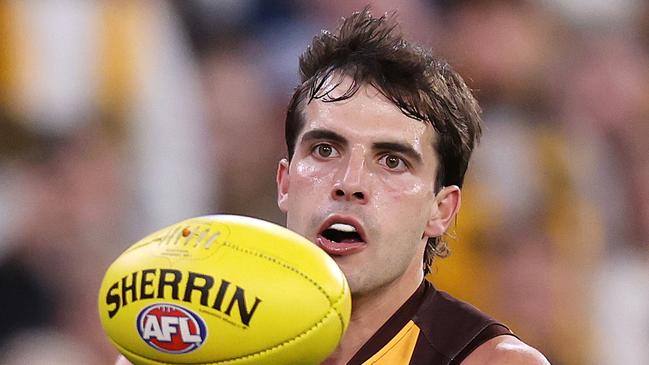 MELBOURNE, SEPTEMBER 6, 2024: 2024 AFL Football - Elimination Final - Western Bulldogs v Hawthorn at the MCG. Finn Maginness of the Hawks  in action. Picture: Mark Stewart