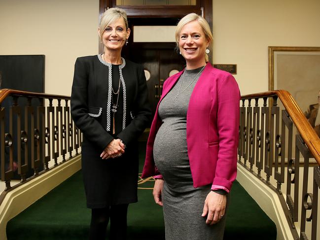 the Speaker Elise Archer Labor, left, with member Bec White after a press conference in the Speakers dining room at Parliament House in Hobart to announce that members will be able to breast feed in parliament after a new agreement tabled today. Picture: SAM ROSEWARNE.