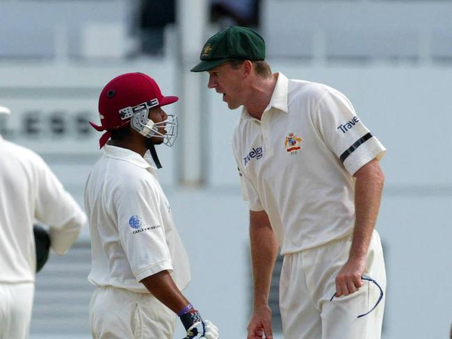 Glenn McGrath yells abuse at Ramnaresh Sarwan in response to something that was said by the West Indian batsman. Picture: Phil Hillyard