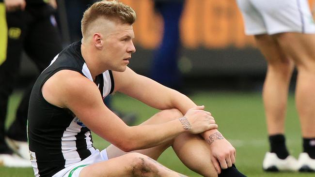 The 2018 AFL Premiership Grand Final. Collingwood Magpies v West Coast Eagles at the MCG. A dejected Collingwood's Jordan De Goey post match. Picture: Mark Stewart