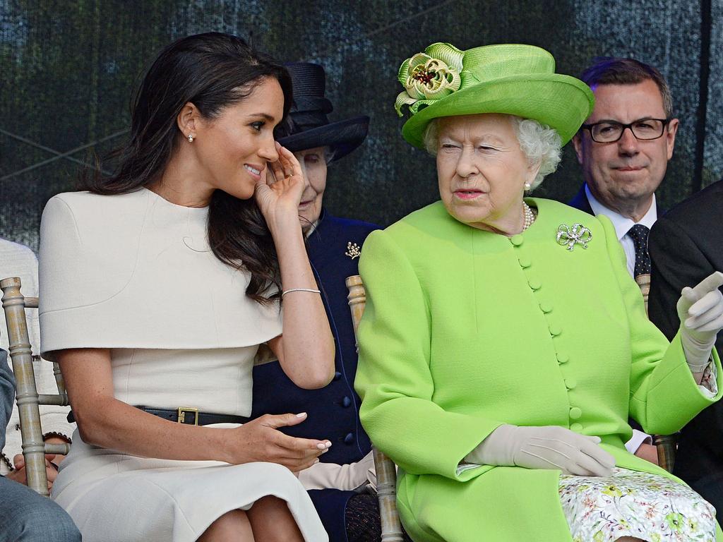 Meghan Markle on her first solo appearance with the Queen. Picture: AFP