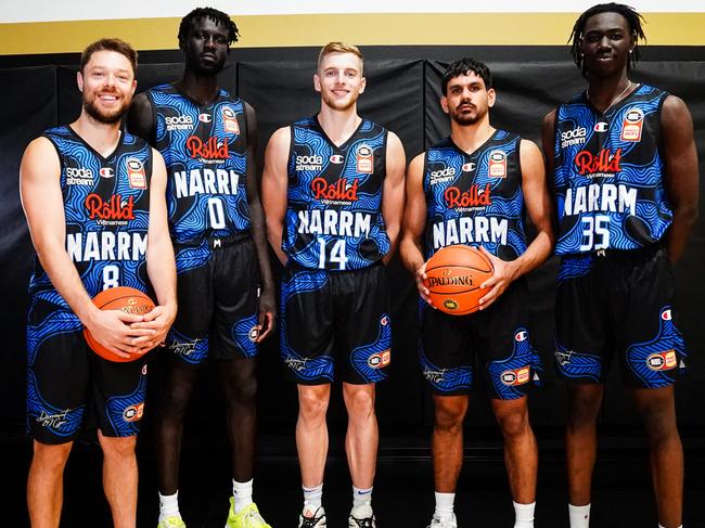 Melbourne United's Matthew Dellavedova, Jo Lual-Acuil, Jack White, Will Hickey and David Okwera sport their team's Indigenoud jersey. Picture: Melbourne United Media