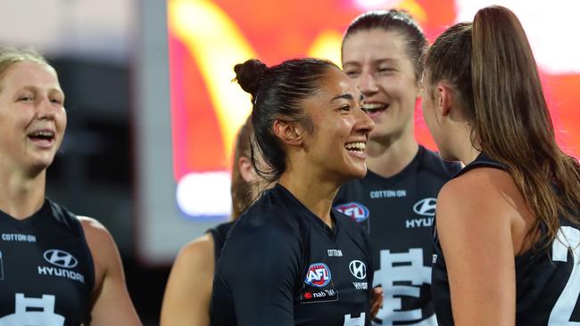 Darcy Vescio says she is looking forward to donning the Blues’ pride guernsey this weekend, designed by the Carlton Pride group.