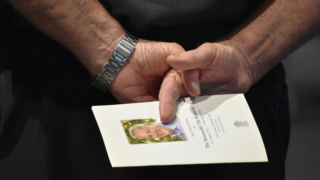 More than 300 mourners gathered at the MECC to watch the live streamed State funeral service for Tim Mulherin on Tuesday September 15 in Mackay. Picture: Zizi Averill