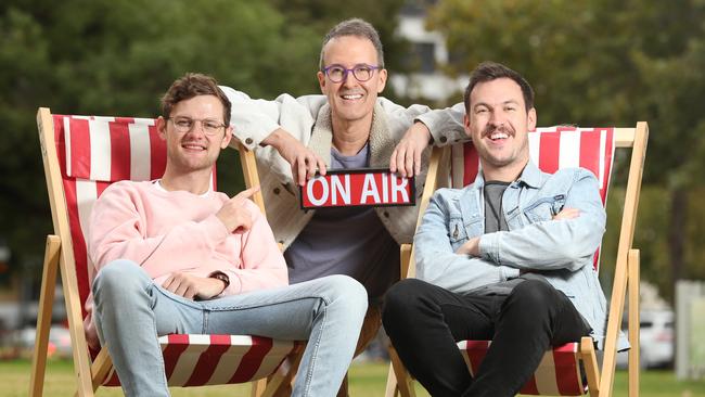 Sean Craig Murphy with past Australian Radio School students Ben and Liam. Picture: TAIT SCHMAAL.