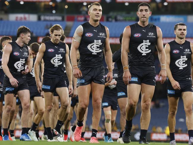 Carlton skipper Patrick Cripps leads the Blues off the MCG after a second loss to start the season. Picture: Michael Klein