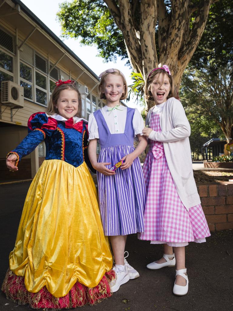 In character for Book Week are (from left) Piper Davies, Isla Dwyer and Jasmine Bayliss at Rangeville State School, Friday, August 25, 2023. Picture: Kevin Farmer