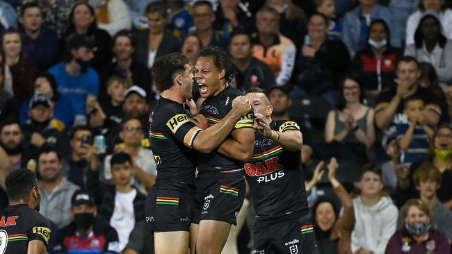 Panthers players celebrate last year’s win over the Eels in the finals.