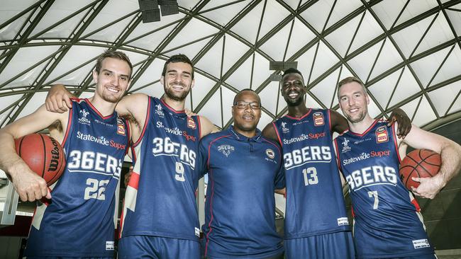 Anthony Drmic, Jack McVeigh, Joey Wright, Majok Deng, and Brendan Teys at the Adelaide Entertainment Centre, where the 36ers will play from next season. Picture Sarah Reed