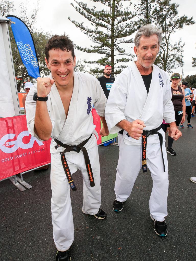 Karate guys Marcus Alick and Peter Collas at the finish line of the Southern Cross University 10 kilometre Run. Picture: Tim Marsden.