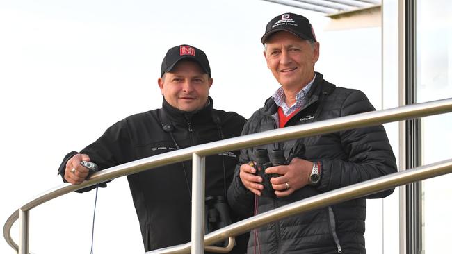 Trainers Peter (right) and Paul Snowden have a progressive stayer in On Bail who can make it back-to-back wins at Scone on Tuesday. Picture: AAP Image