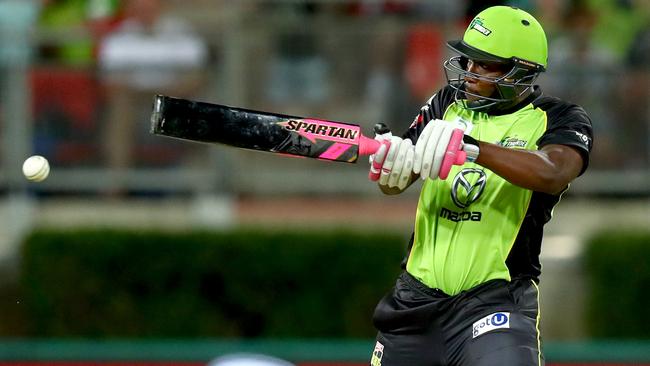 Sydney Thunder’s Andre Russell in action with his black bat on Tuesday night.