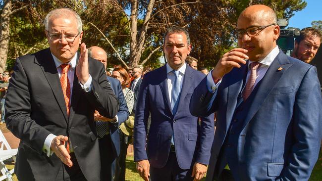 Plans for a “next-gen mega steel plant” which would be the biggest of its type in the western world have been announced as part of Sanjeev Gupta’s “Big Reveal” at Whyalla. Prime Minister  Scott Morrison with Premier of South Australia Steven Marshall  and Sanjeev Gupta . Picture: Tom Huntley   . Picture: Tom Huntley