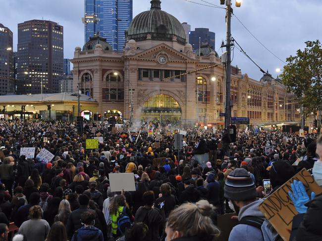 Protesters gather in Melbourne’s CBD for a Black Lives Matter rally. Picture: Jason Edwards