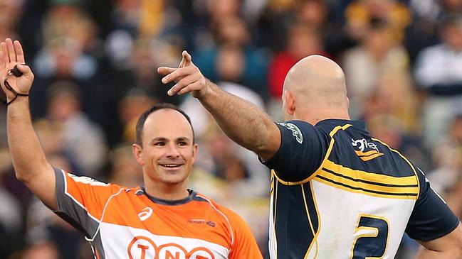 CANBERRA, AUSTRALIA - JUNE 13: Stephen Moore of the Brumbies speaks to the referee Jaco Peyper during the round 18 Super Rugby match between the Brumbies and the Crusaders at GIO Stadium on June 13, 2015 in Canberra, Australia. (Photo by Stefan Postles/Getty Images)