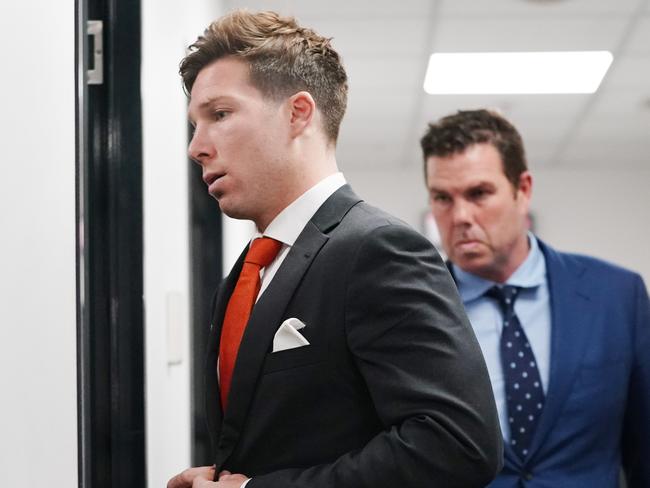 GWS Giants player Toby Greene leaves the hearing room at the AFL tribunal in Melbourne, Thursday, September 19, 2019. GWS are appealing Toby Greene's one-match ban for making unreasonable or unnecessary contact to the eye region of Brisbane's Lachie Neale in the semi-final victory at the Gabba. (AAP Image/Michael Dodge) NO ARCHIVING