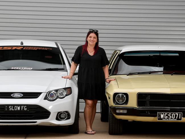 Charity Cruise organiser Hayley Pender with a Ford XR6 Tubo and a Holden HQ Wagon. Picture: Evan Morgan