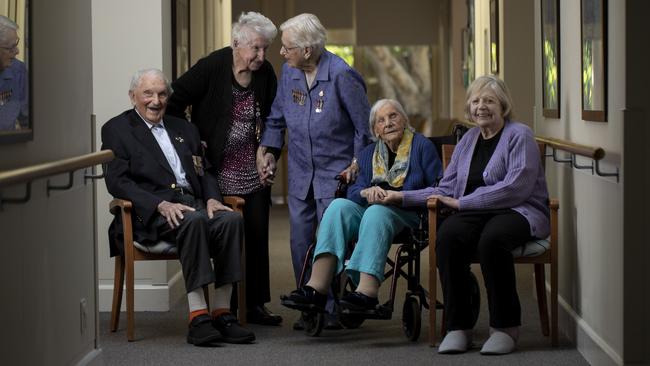 Ralph Butcher, Betty Cooper, Marie Laurenceson, Annie Overs and Audrey Baker at Vasey RSL Care in Melbourne. Picture: Arsineh Houspian