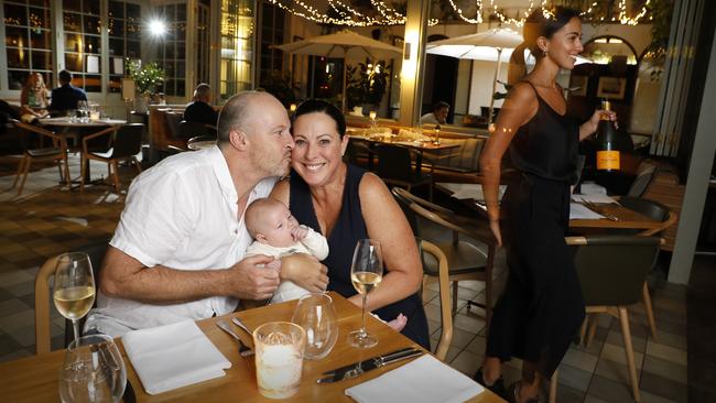 Belinda Boylan,Vic Introna wait for their first dinner out at the Buena Hotel in Mosman since the birth of Indiana, who is now three months old Picture: Chris Pavlich