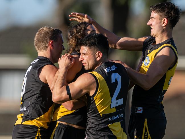 Mitcham players celebrate a goal.