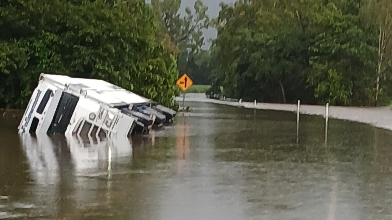 A truck came to grief attempting to navigate floodwaters covering the flood-prone Bruce Highway north of Ingham overnight. Picture: Supplied