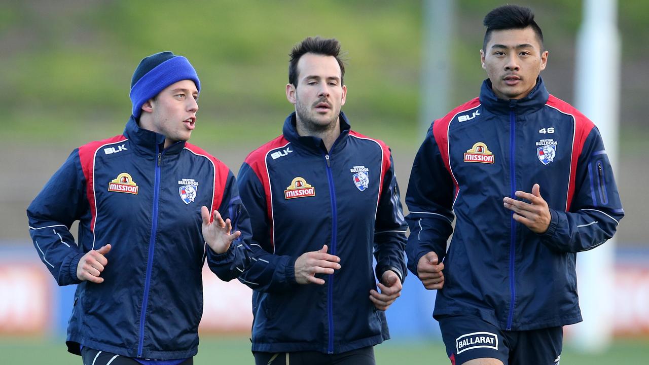 After Lin Jong toured Collingwood’s facilities in 2016, Western Bulldogs players made light of the situation. Picture: Michael Klein