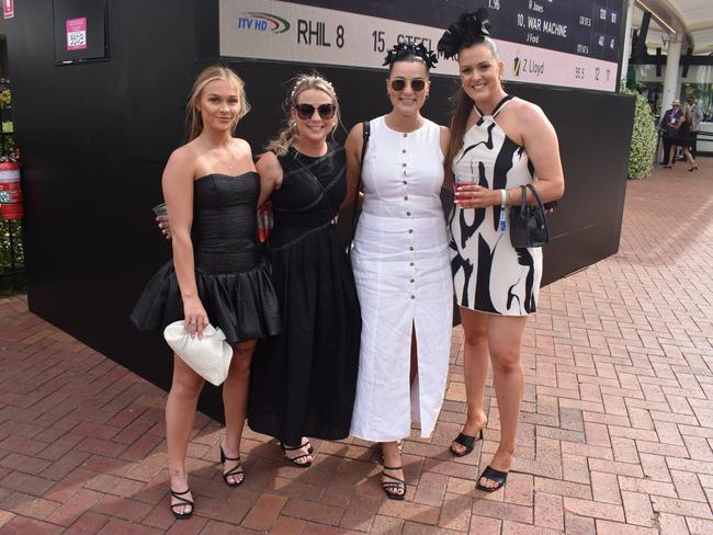 Guests in striking racewear at Penfolds Derby Day at the Flemington Racecourse on Saturday, November 02, 2024: Bridget Huffer, Stacey Wilkinson, Eli.za Linehan and Sophie Sidebottom. Picture: Jack Colantuono