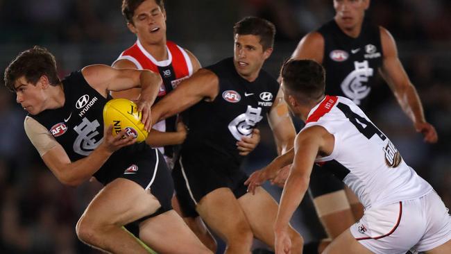 Paddy Dow sprints clear of congestion against St Kilda. Picture: Michael Willson/AFL Media/Getty Images. 