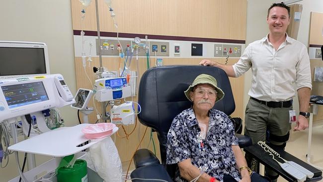 Cancer patient Warren Hermann and Dr Joel Wright at the Townsville University Hospital.