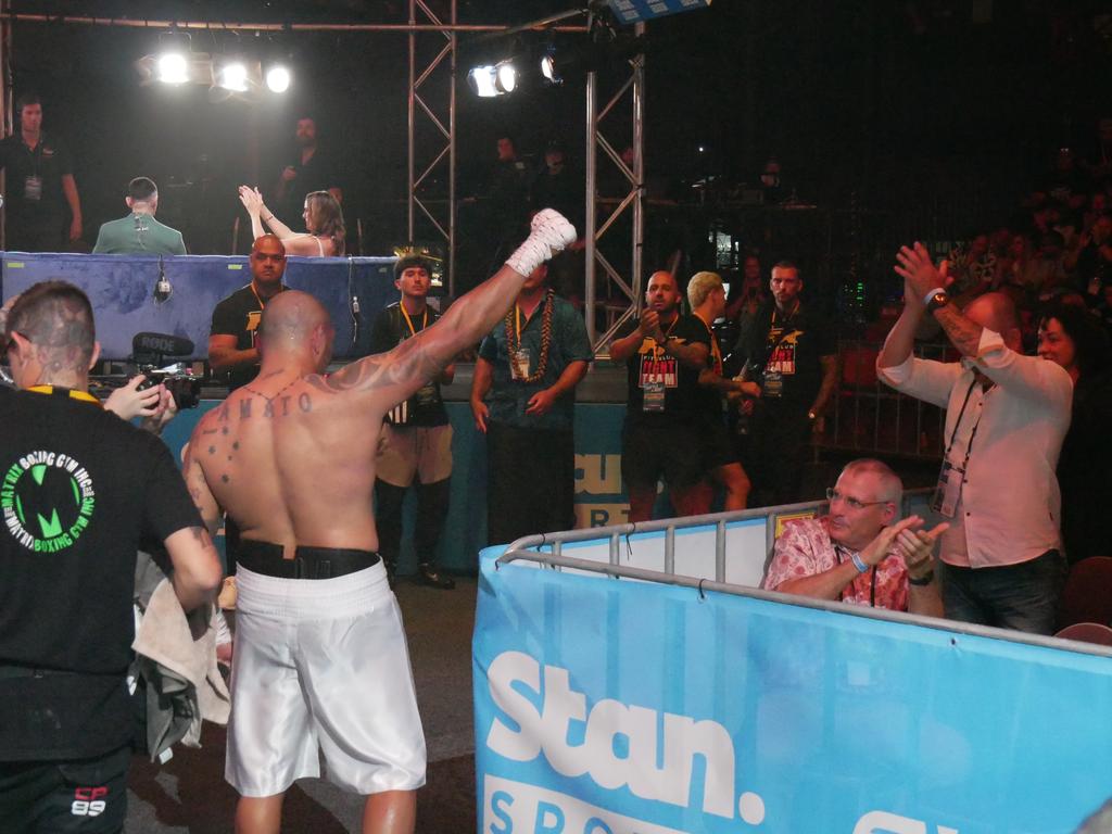 Frank Amato receives a standing ovation after he is beaten by Tevita Pangai Jr Jnr at the Battle of the Reef fight night at the Townsville Entertainment and Convention centre, October 7 2023. Picture: Blair Jackson.