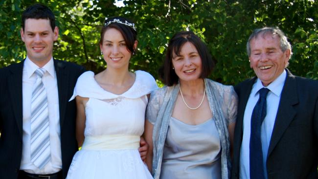 Sarah Bowles on her wedding day in 2007, with her husband Mark, left, mother Susan and Bob Chappell.