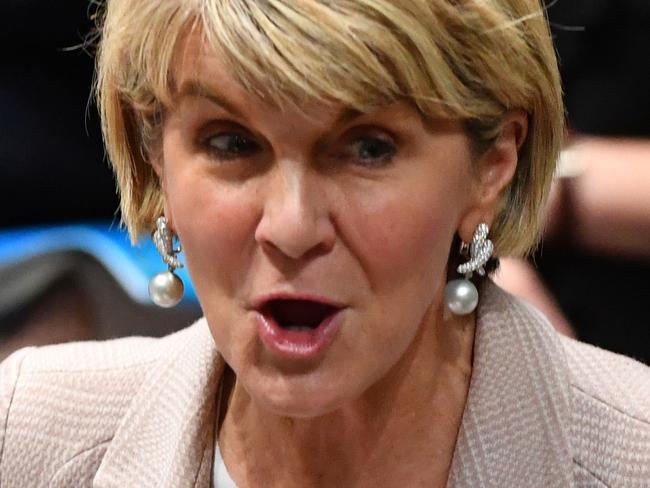 Minister for Foreign Affairs Julie Bishop during Question Time in the House of Representatives at Parliament House in Canberra, Wednesday, August 22, 2018. (AAP Image/Mick Tsikas) NO ARCHIVING