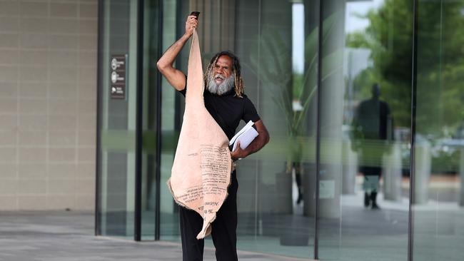 Activist Bruce Shillingsworth Sr outside of his ACT Magistrates Court on Friday ahead of his son’s appearance. Picture: NCA NewsWire / Gary Ramage