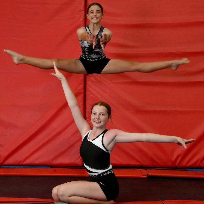 Breeana Cains, 12, (front) and Imogen McLeay, 13, at Momentum Gymnastics. Picture: Evan Morgan