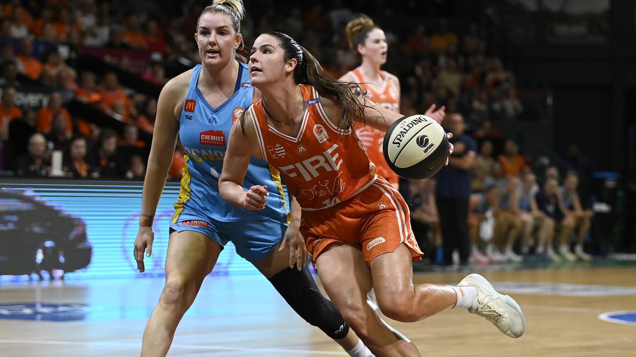 Alex Fowler of the Fire drives to the basket during game two of the WNBL Grand Final series between Townsville Fire and Bendigo Spirit at Townsville Entertainment Centre, on March 09, 2025, in Townsville, Australia. (Photo by Ian Hitchcock/Getty Images)