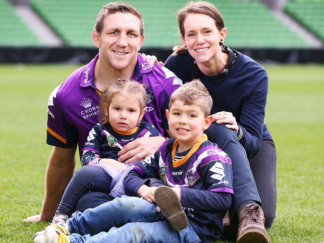 Melissa Hoffman with husband and former Melbourne Storm veteran Ryan Hoffman, and their children Mia and Zach. Picture: Getty