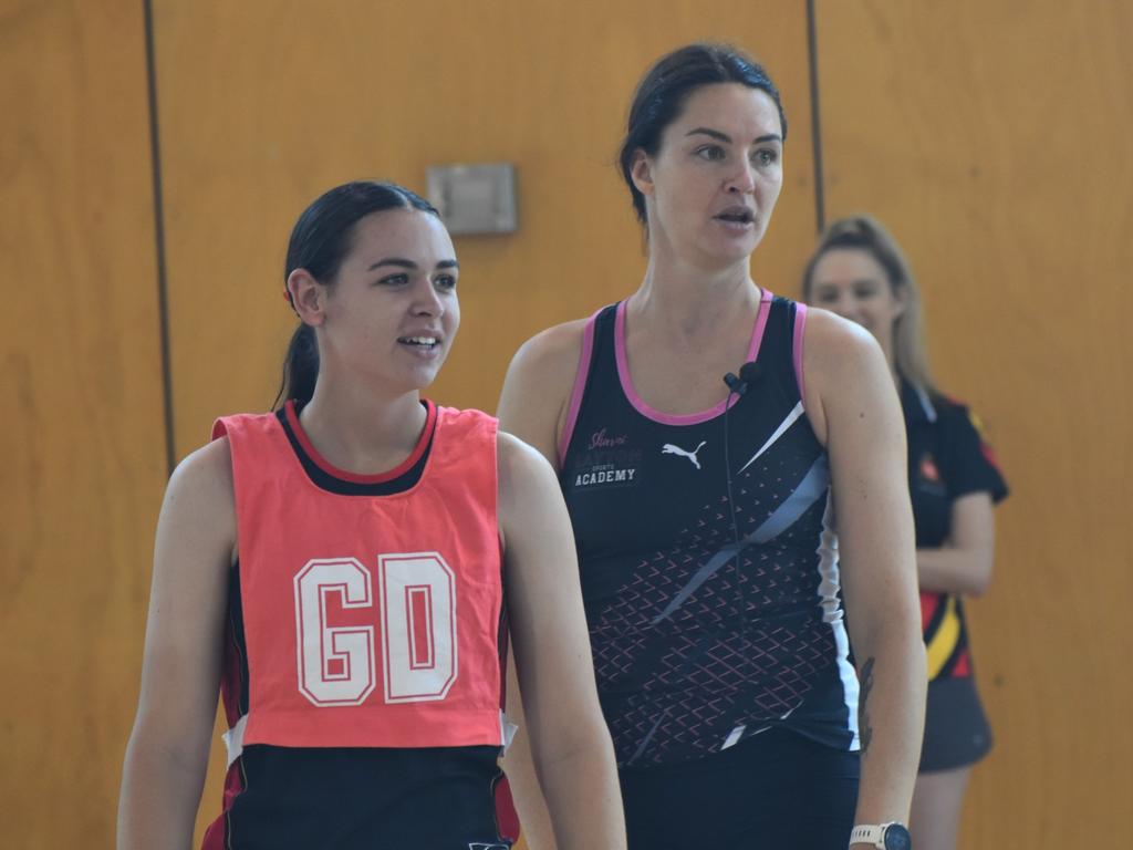 Former Australian Diamonds star Sharni Norder running coaching clinics for Rockhampton Grammar School netball teams, Saturday, March 11, 2023.