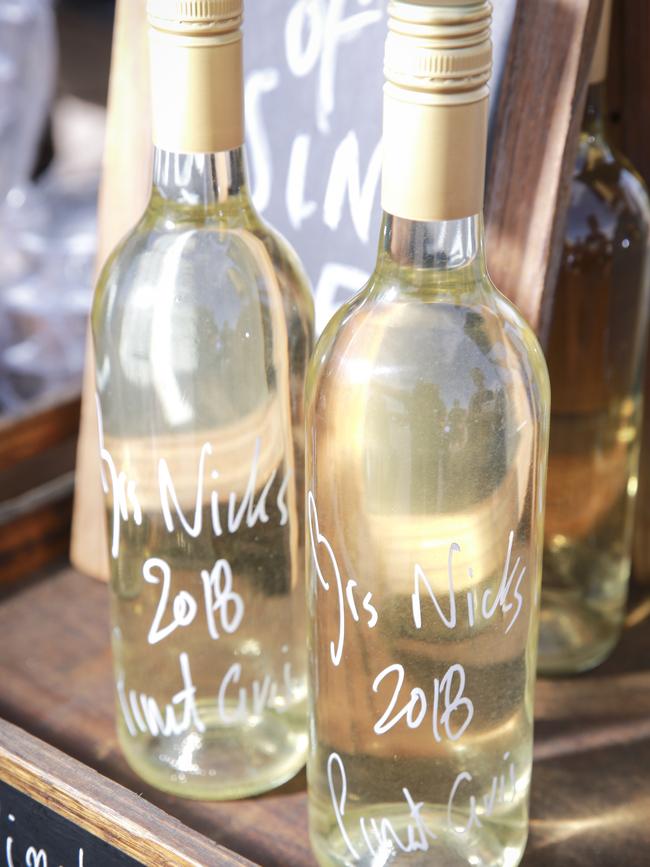 Hand-written labels on Mrs Nick’s wines.