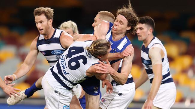 Ben Brown was injured in a tackle from Mark Blicavs. Picture: Michael Klein