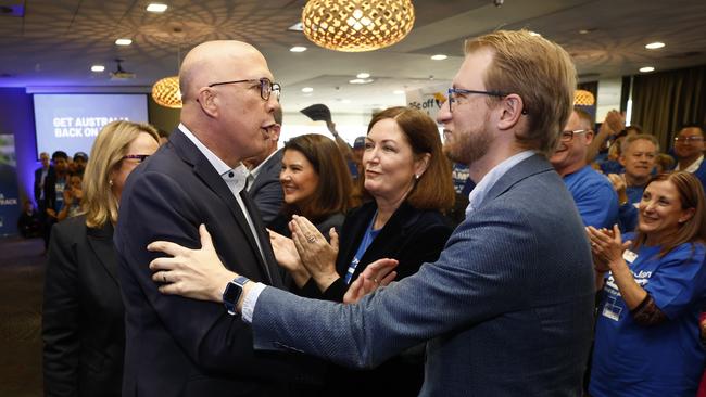 Opposition Leader Peter Dutton with Senator James Paterson following a Liberal Party rally at Melton Entertainment Park at Melton in the electorate of Hawke outside Melbourne in Victoria. Picture: Richard Dobson / NewsWire