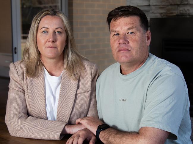 Troy Courts with his wife Mel from Moama, is suing Glenroy Football Club for negligence after he was diagnosed with probable CTE due to repeated head knocks during the game. Picture: Rebecca Pilgrim